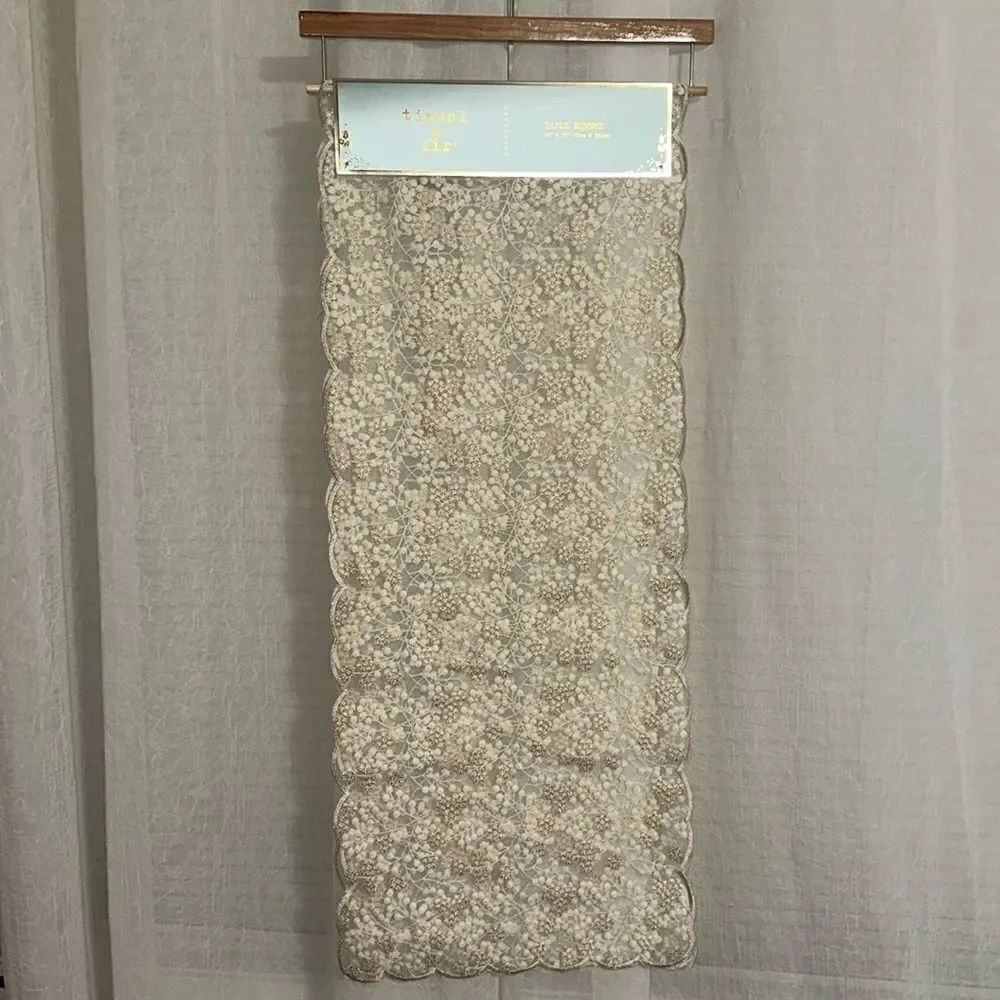 tinsel & fir Ivory Gold Embroidered Floral Winter Branches Lace Table Runner